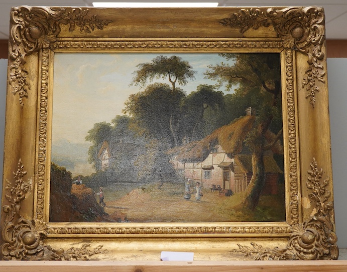 William Allport (1779-1831), Pastoral landscape with figures beside a half timbered cottage, titled 'North Wales', label verso, oil on canvas, 28 x 38cm, gilt frame